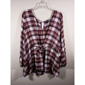 Torrid Plaid Peplum Red Tie Waist Long Sleeve V Neck Top Plus Size 4X